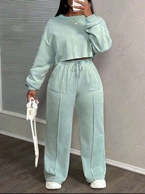 SHEIN Sage Green Cropped Sweatshirt & Drawstring Wide-Leg Pants Set